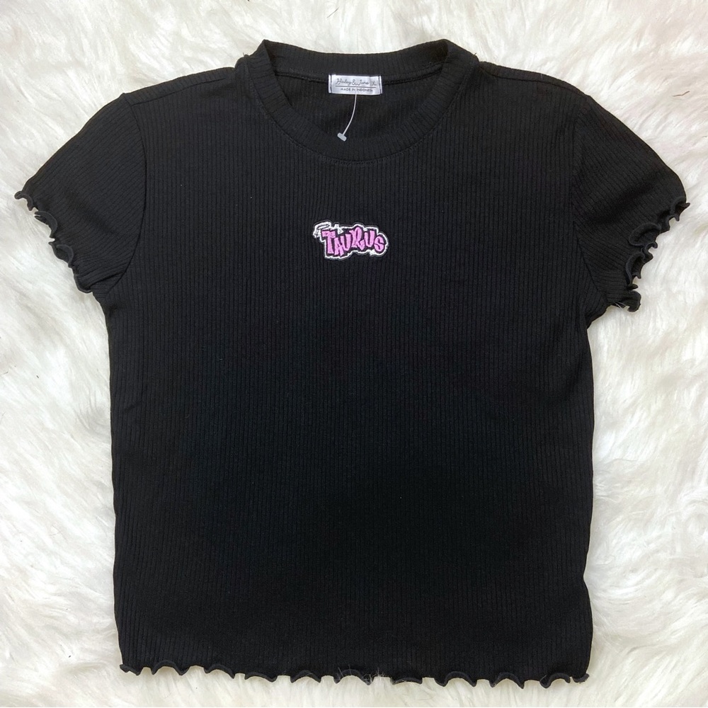 Black Taurus Bratz Font Lettuce Hem Crop Top